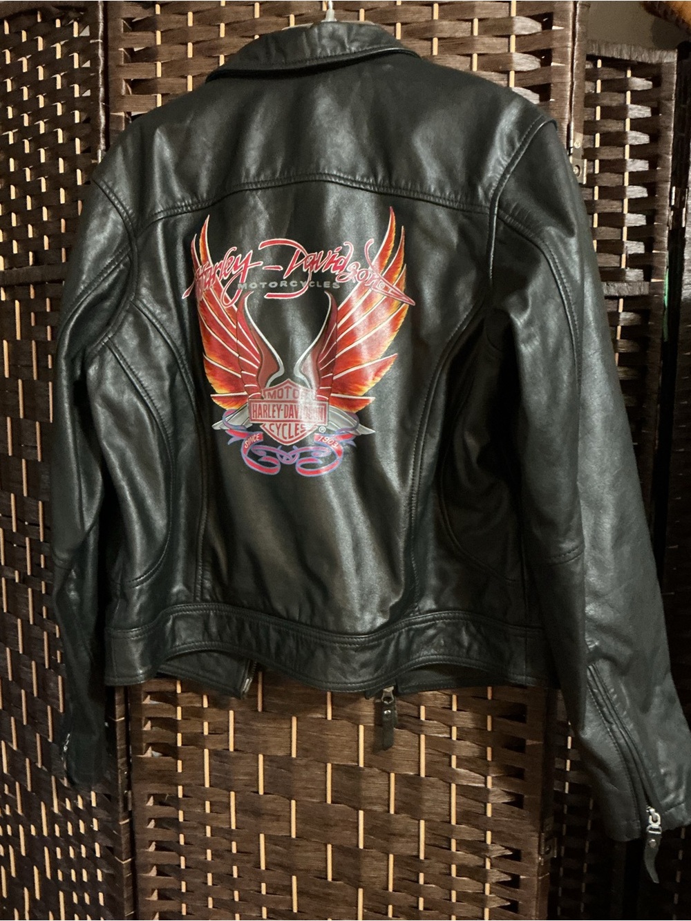 Harley-Davidson Black Leather Jacket with Red-Orange Wing Graphic